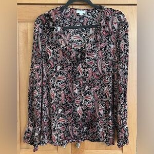 J. Jill Elegant Black and Burgundy Paisley Blouse w/ Ruffled Collar and Cuffs